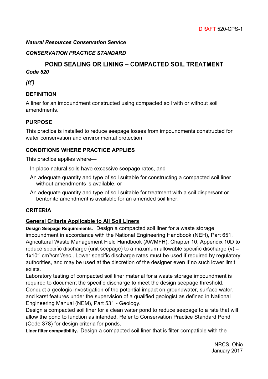 Conservation Practice Standard Pond Sealing Or Lining, Compacted Soil Treatment (Code520)