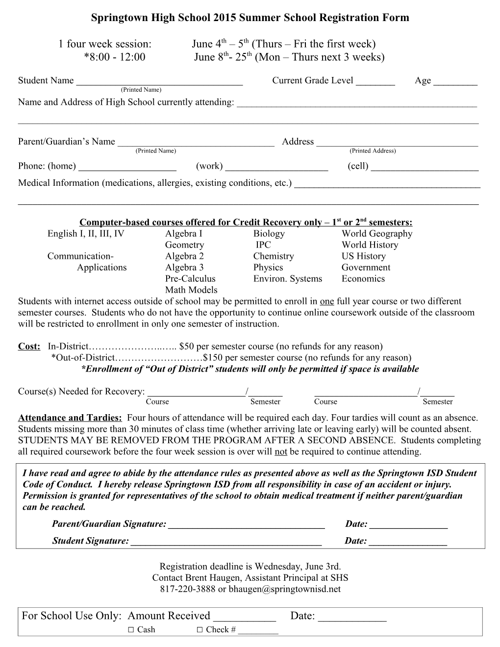 Springtown High School 2010 Summer School Registration Form