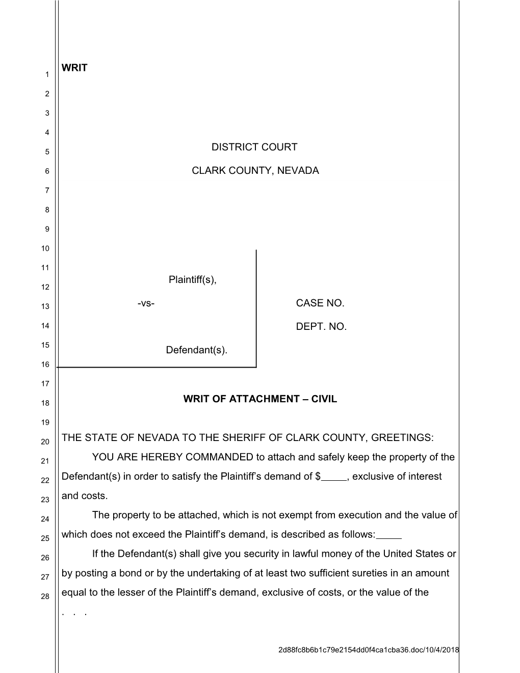 Writ of Attachment Civil