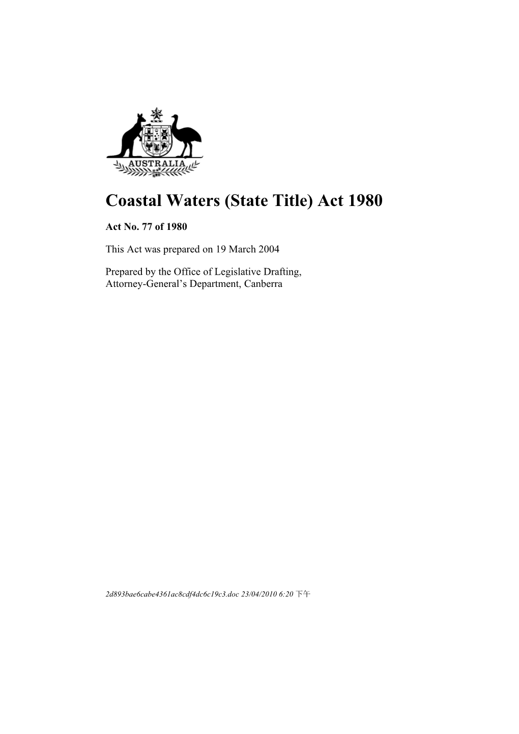 Coastal Waters (State Title) Act 1980