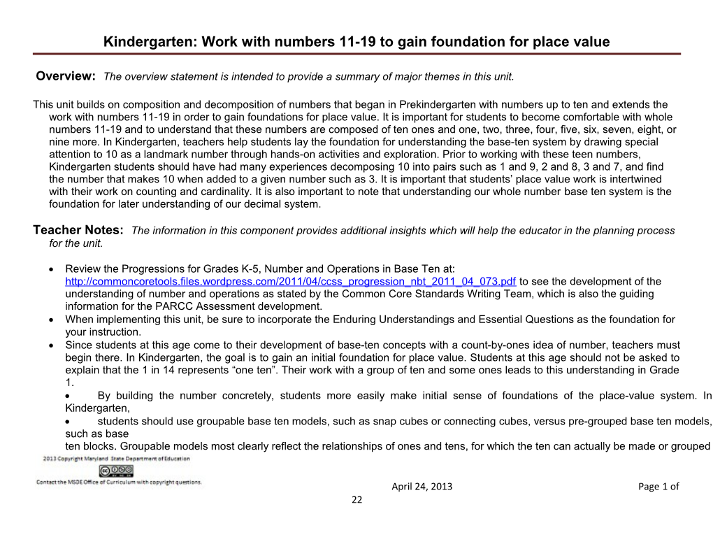 DRAFT UNIT PLAN Kindergarten: Work with Numbers 11-19 to Gain Foundation for Place Value