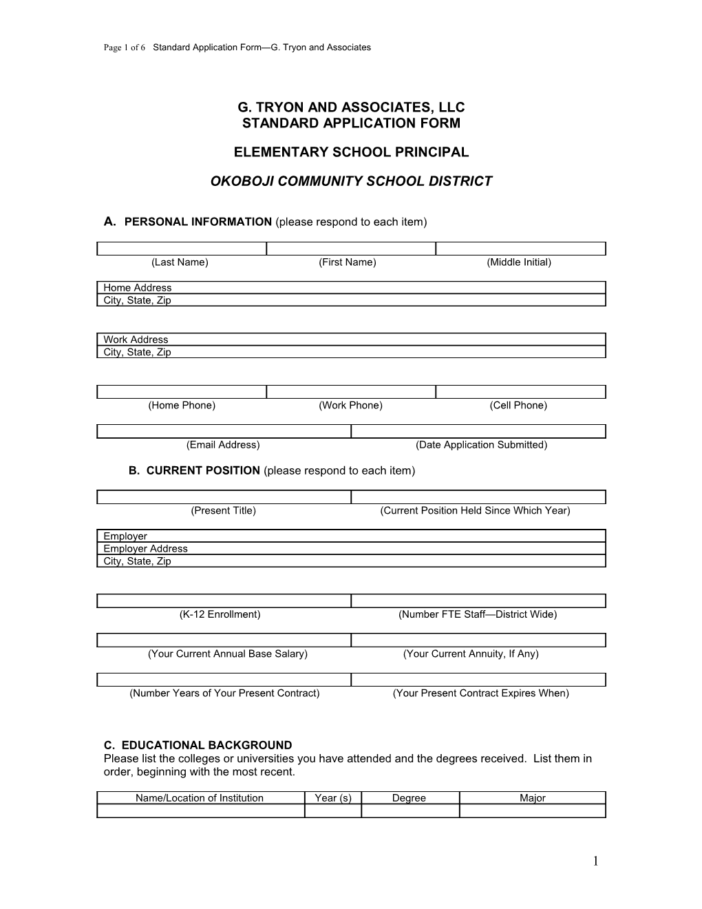 Page 1 of 6 Standard Application Form G. Tryon and Associates