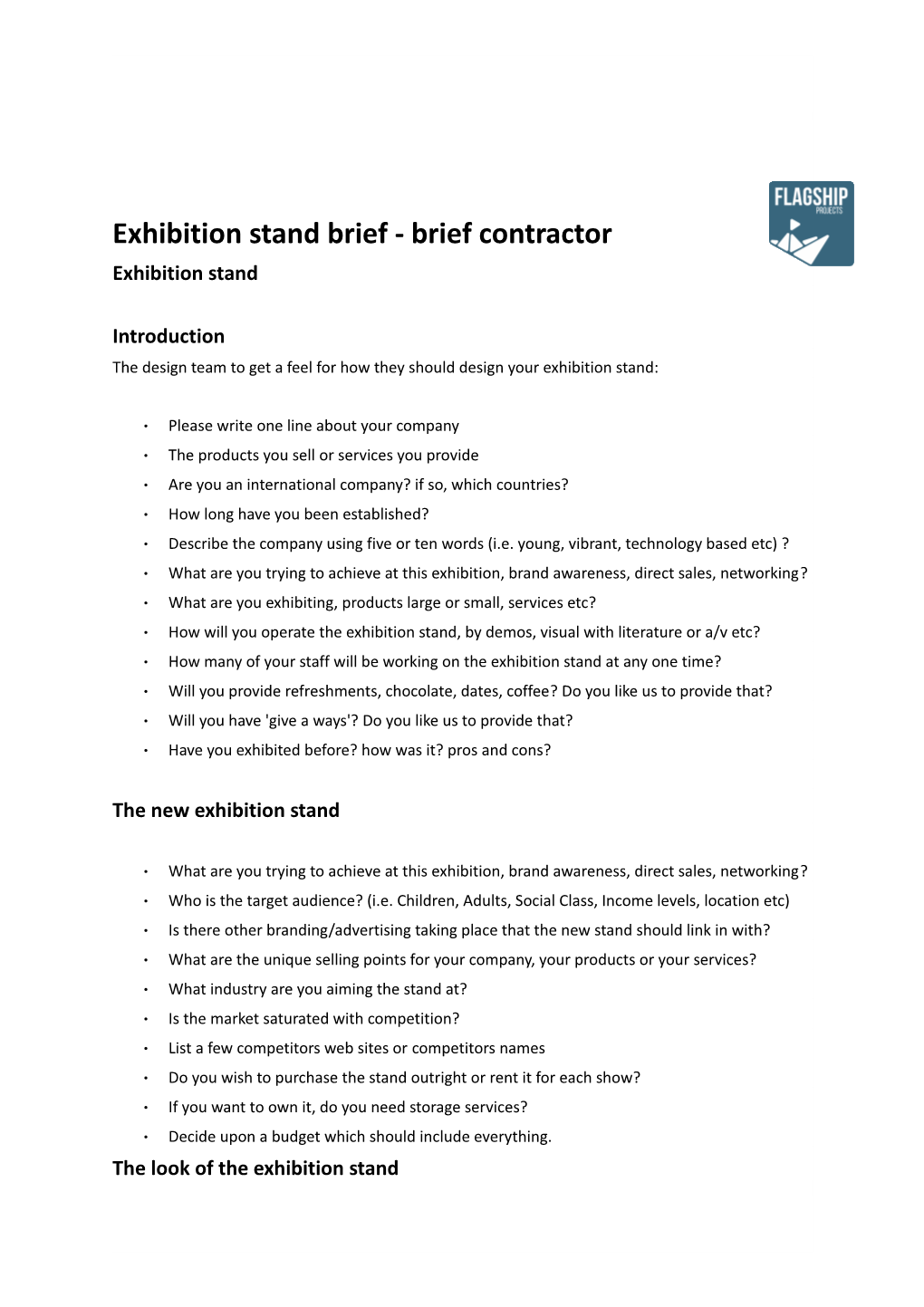 Exhibition Stand Brief - Brief Contractor