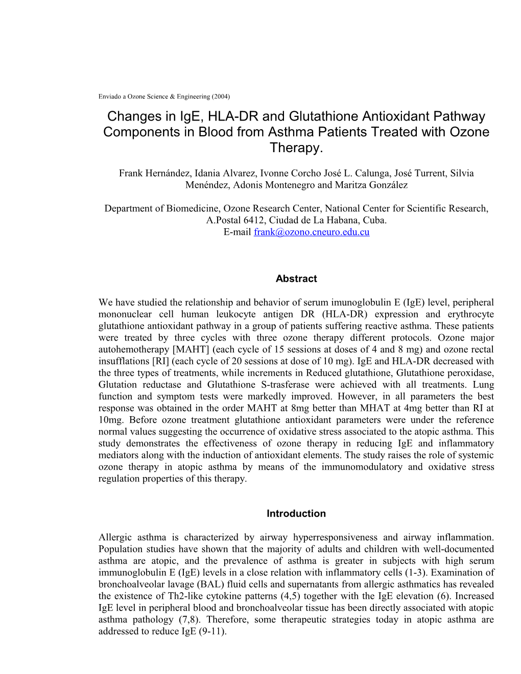 Changes in Glutathione Pathway Components, HLA-DR and Ige in Blood from Asthma Patients