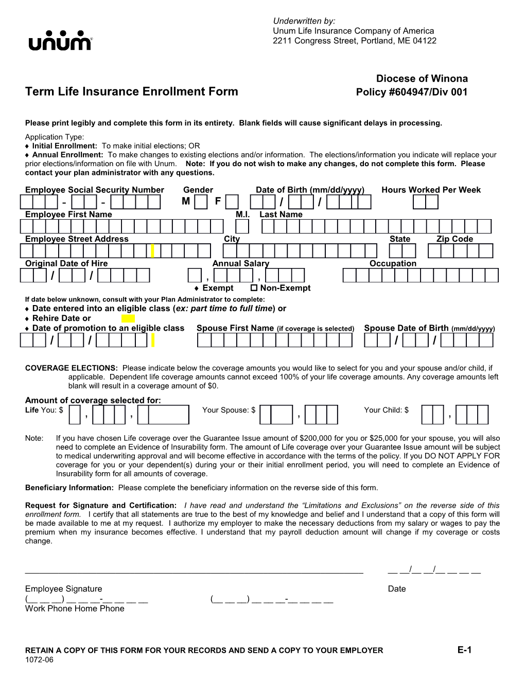 Term Life Insurance Enrollment Form Policy #604947/Div 001