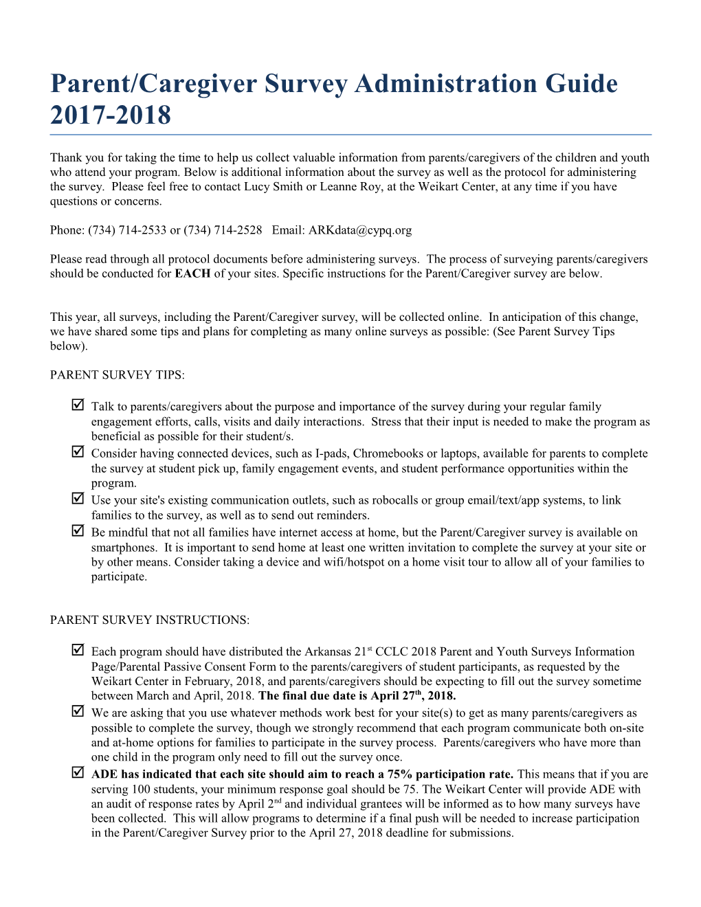 Parent/Caregiver Survey Administration Guide 2017-2018