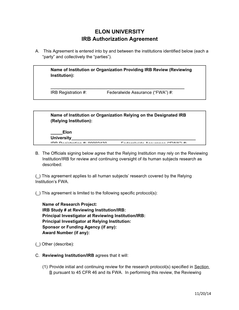 IRB Authorization Agreement