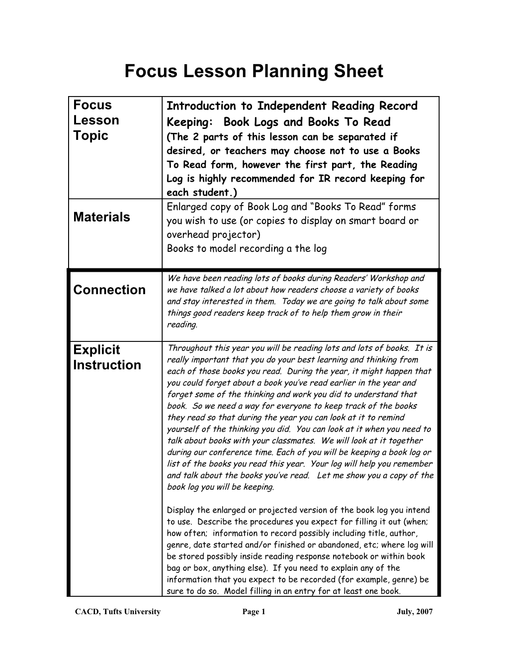 Focus Lesson Planning Sheet s2