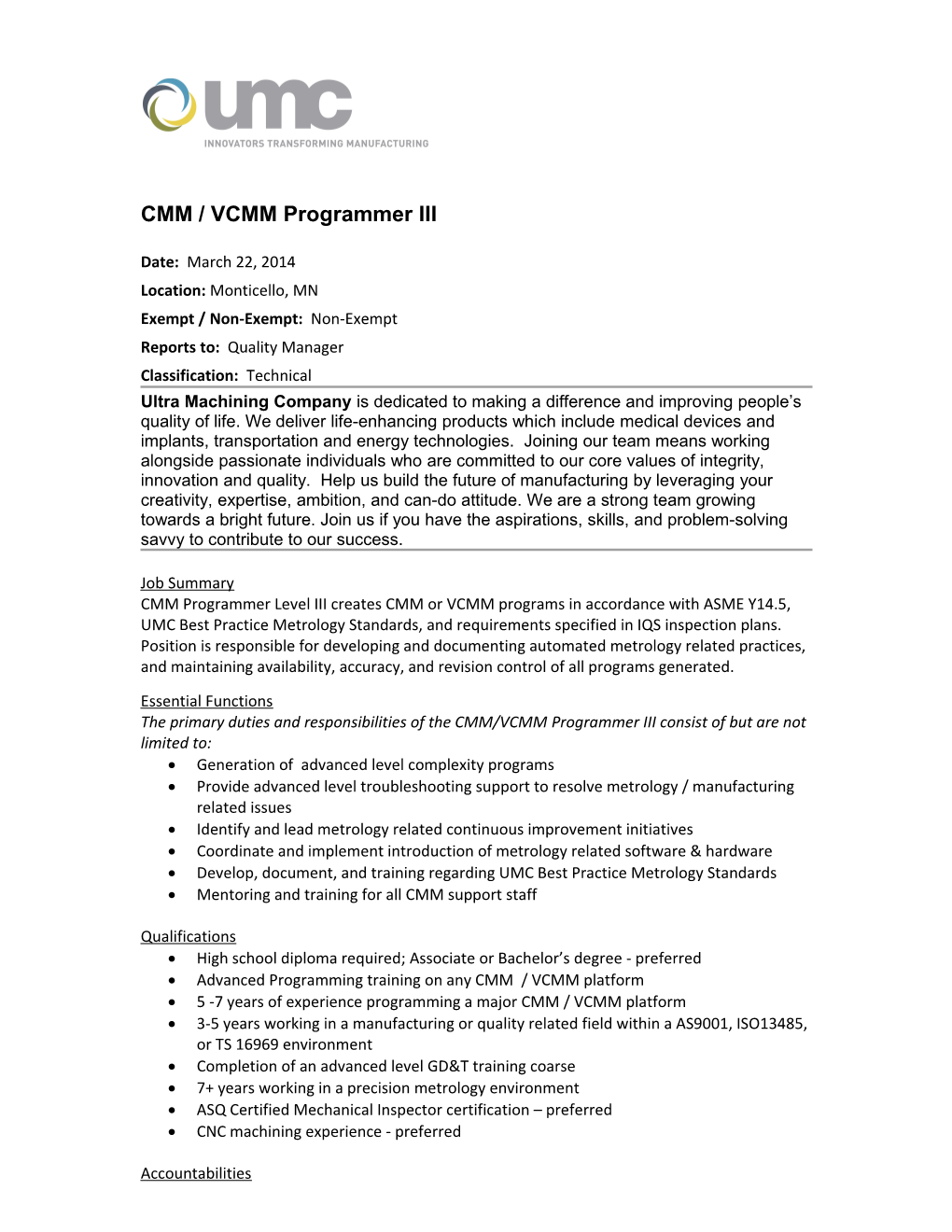 CMM / VCMM Programmer III