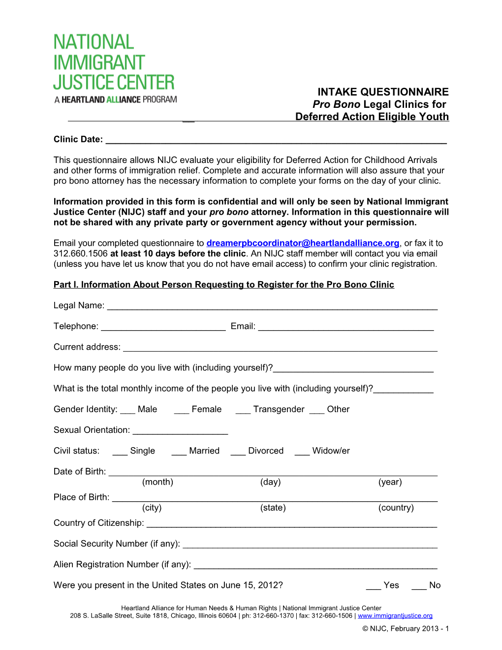 Part I. Information About Person Requesting to Register for the Pro Bono Clinic