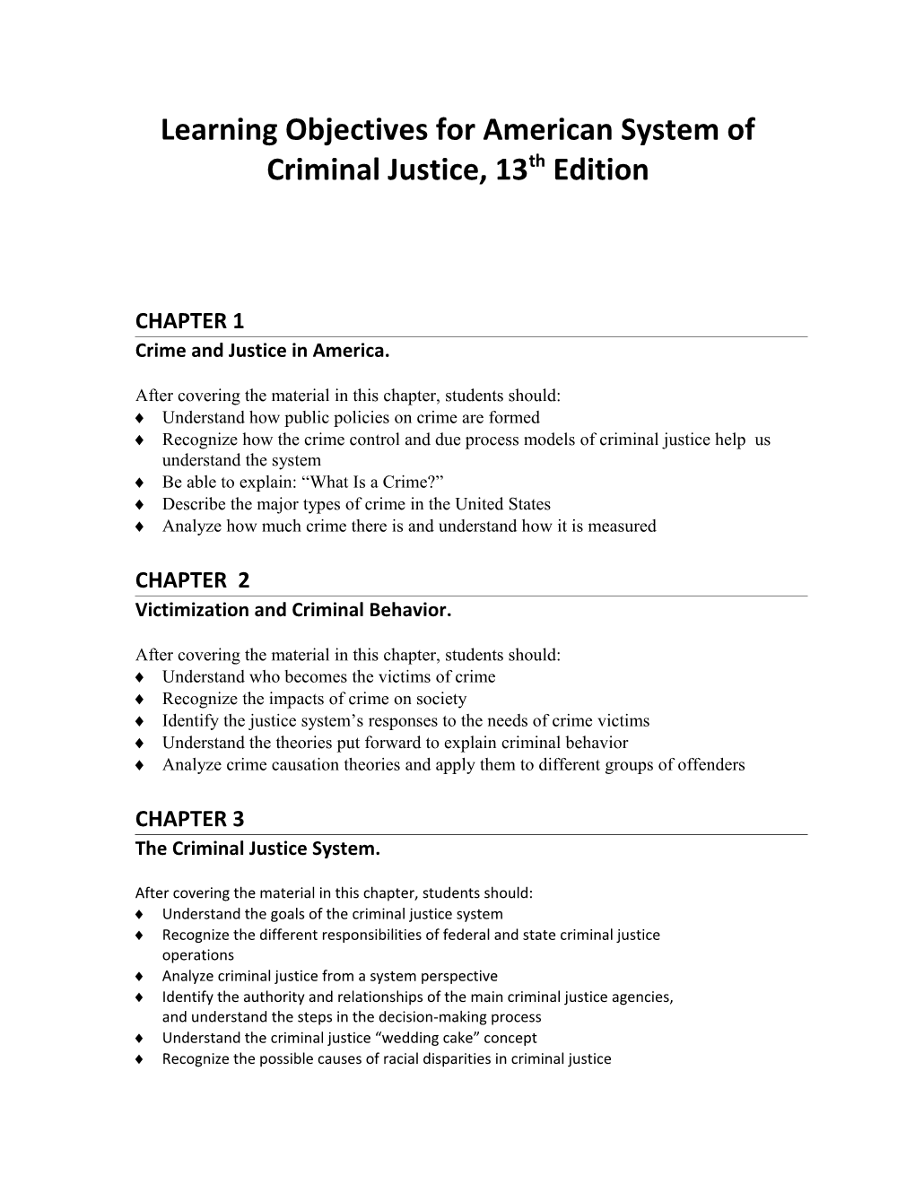 Learning Objectives for American System of Criminal Justice, 13Th Edition