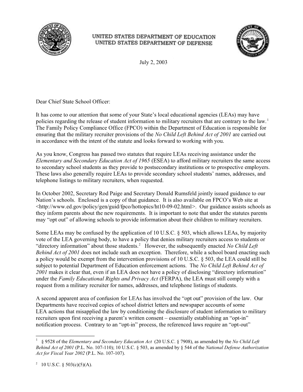 Joint Letter Re: Military Recruiters (Msword)