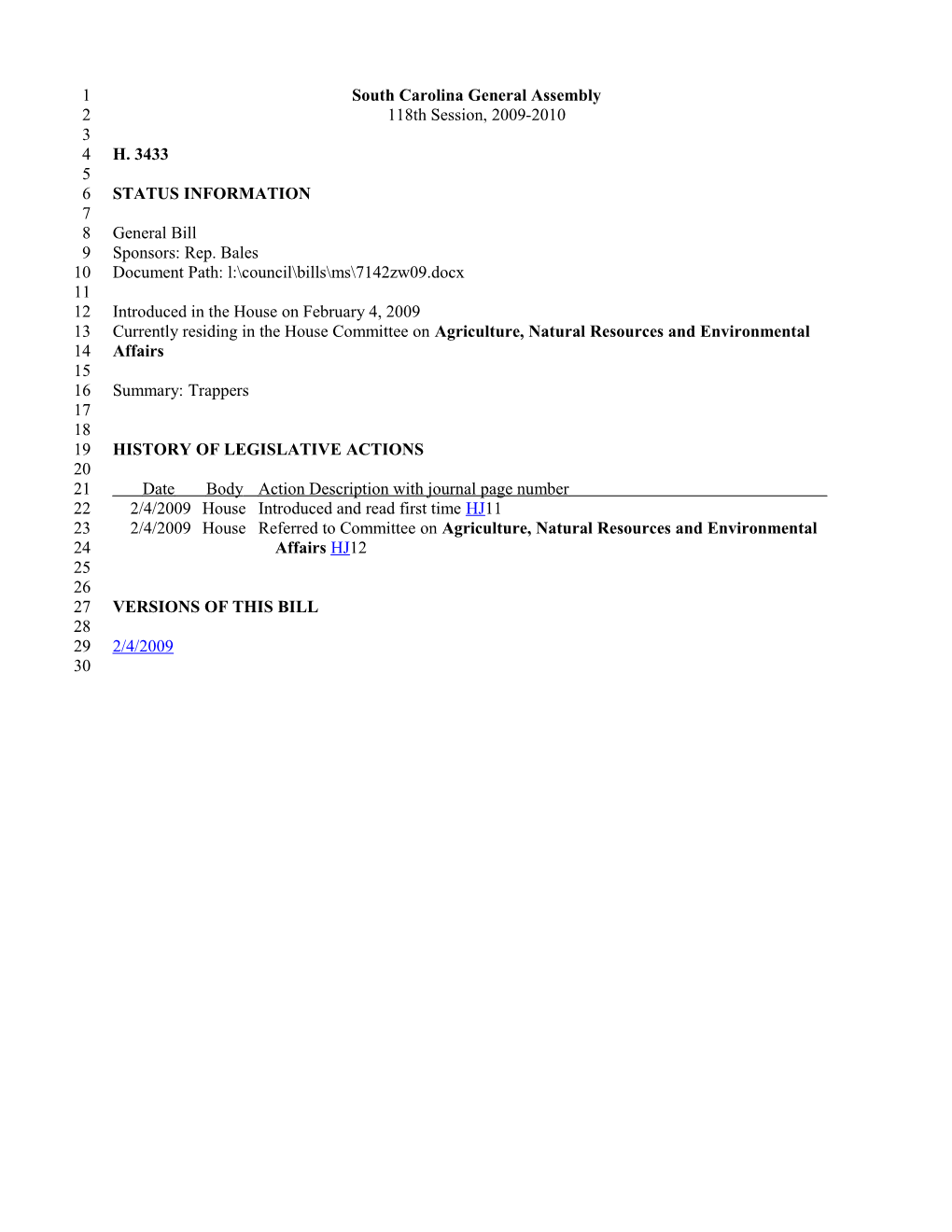 2009-2010 Bill 3433: Trappers - South Carolina Legislature Online