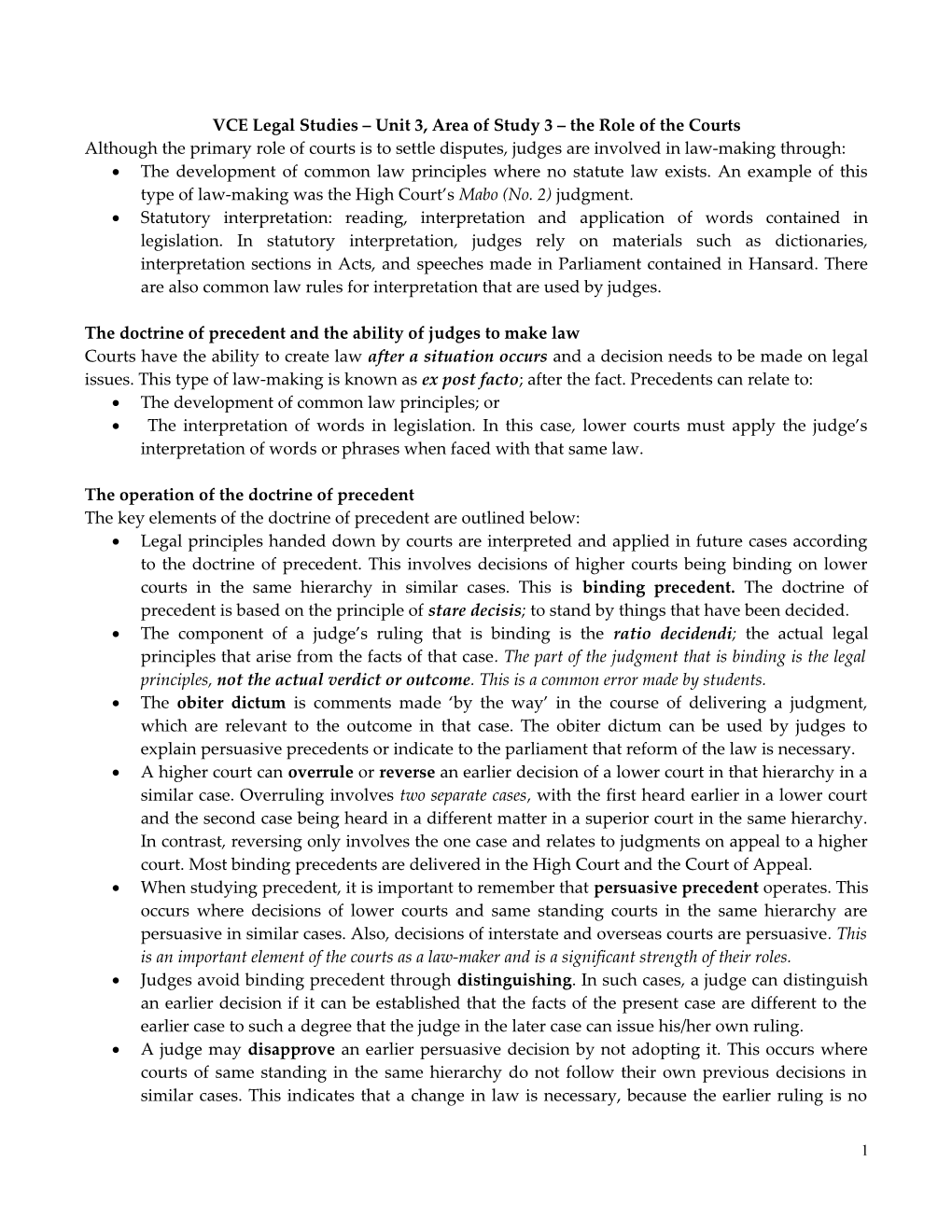 VCE Legal Studies Unit 3, Area of Study 3 the Role of the Courts