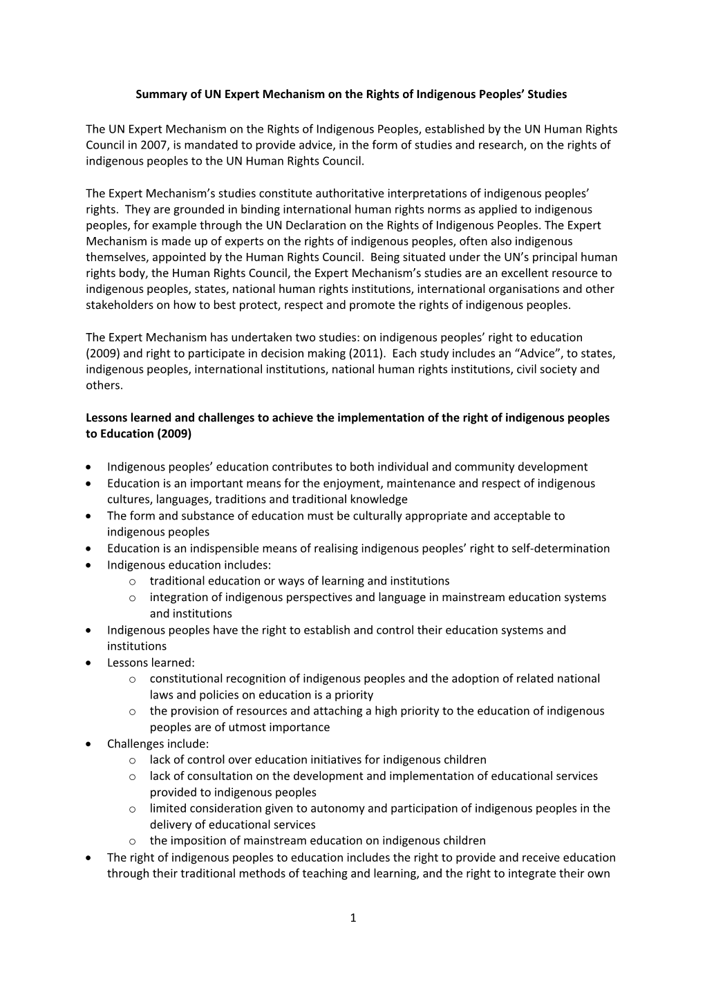 Summary of UN Expert Mechanism on the Rights of Indigenous Peoples Studies