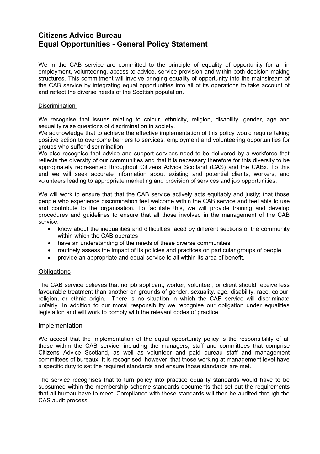 Equal Opportunities General Policy Statement