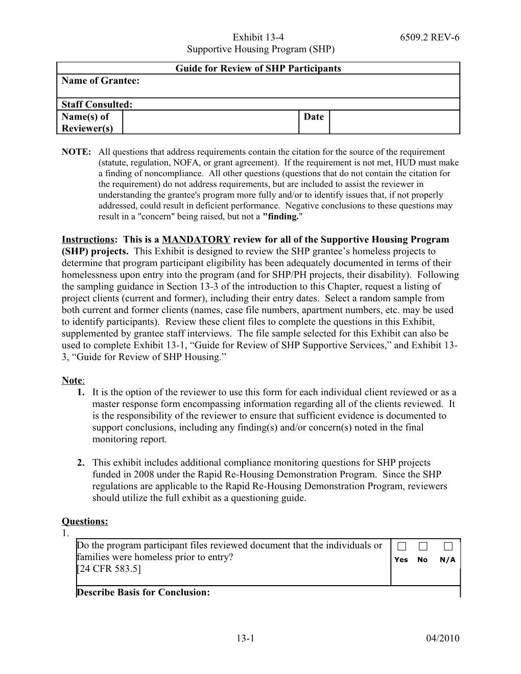 Exhibit 13-4: Supportive Housing Program (SHP)