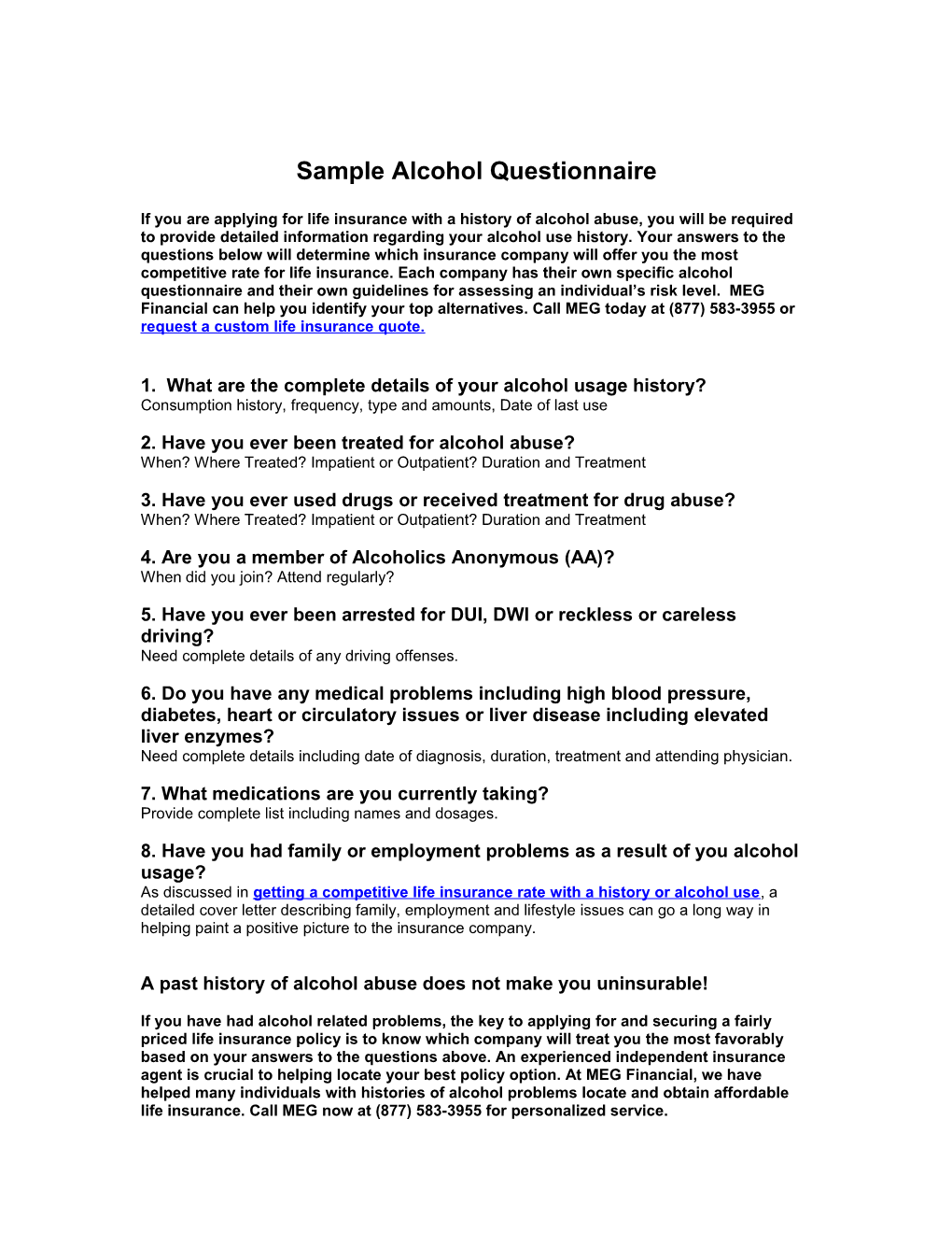 Sample Alcohol Questionnaire