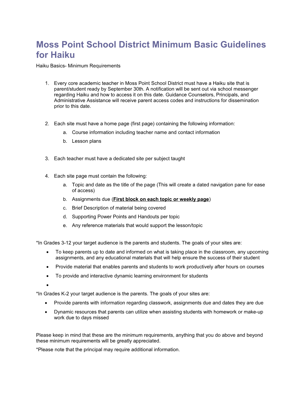 Moss Point School District Minimum Basic Guidelines for Haiku