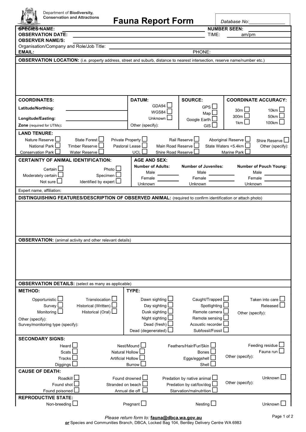 Fauna Report Form