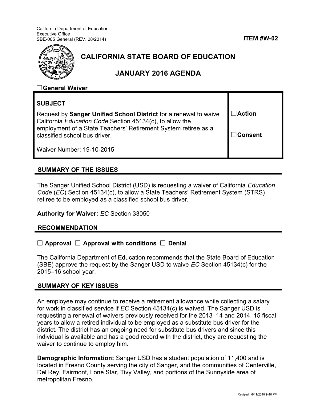 January 2016 Waiver Item W-02 - Meeting Agendas (CA State Board of Education)