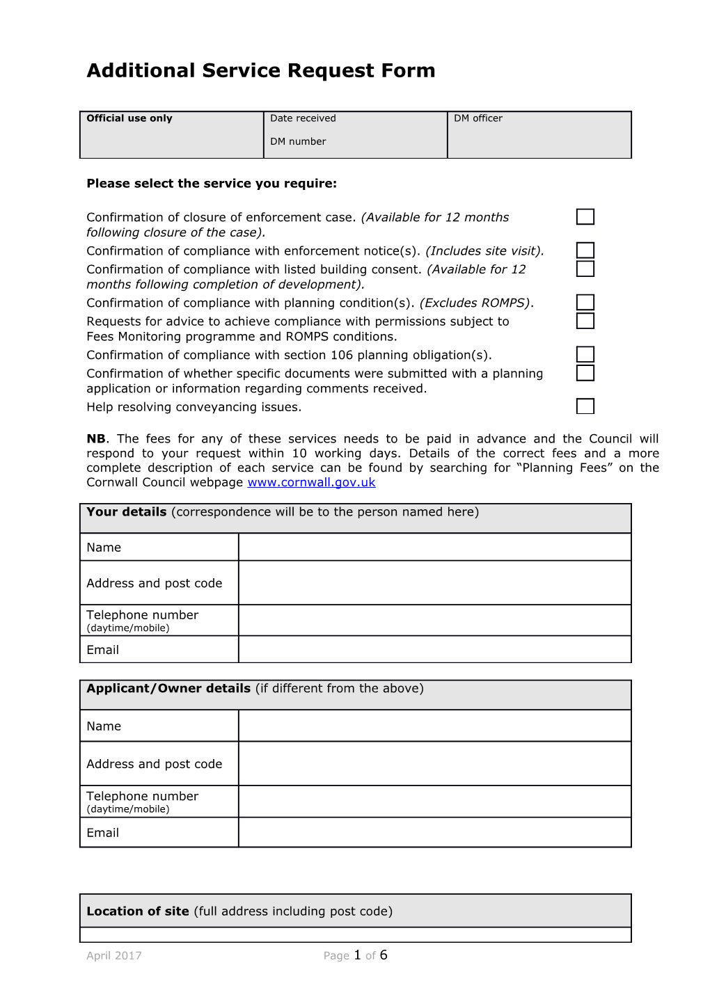 Additional Service Request Form