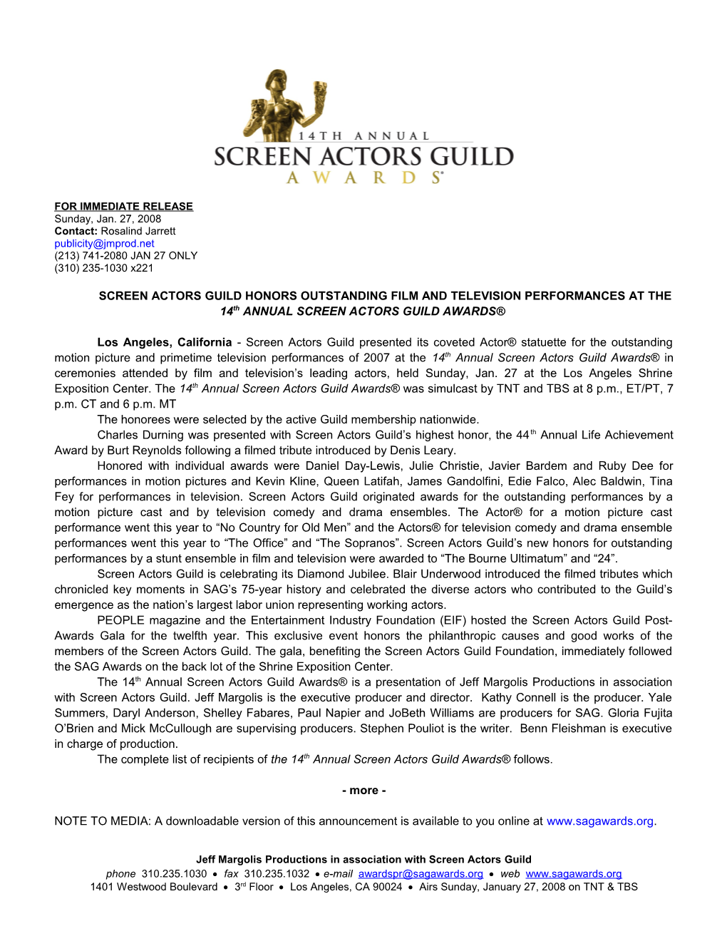 NOMINATIONS ANNOUNCED for the 12Th ANNUAL SCREEN ACTORS GUILD AWARDS
