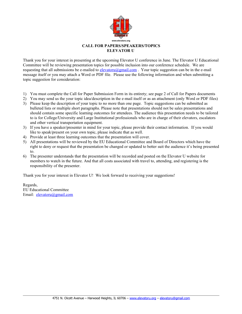 Call for Papers/Speakers/Topics Elevator U