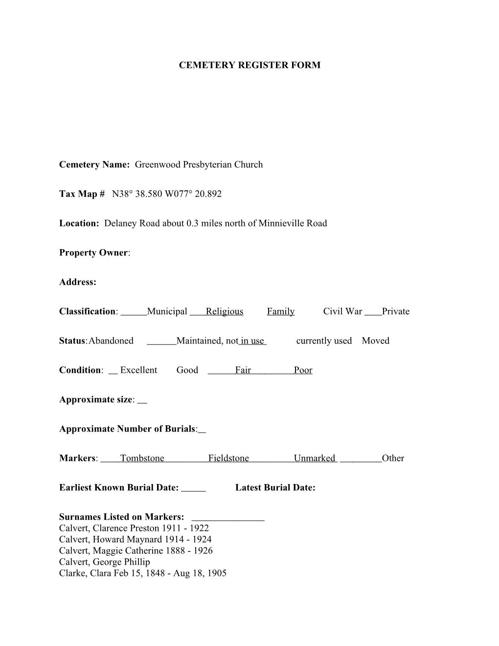 Cemetery Register Form