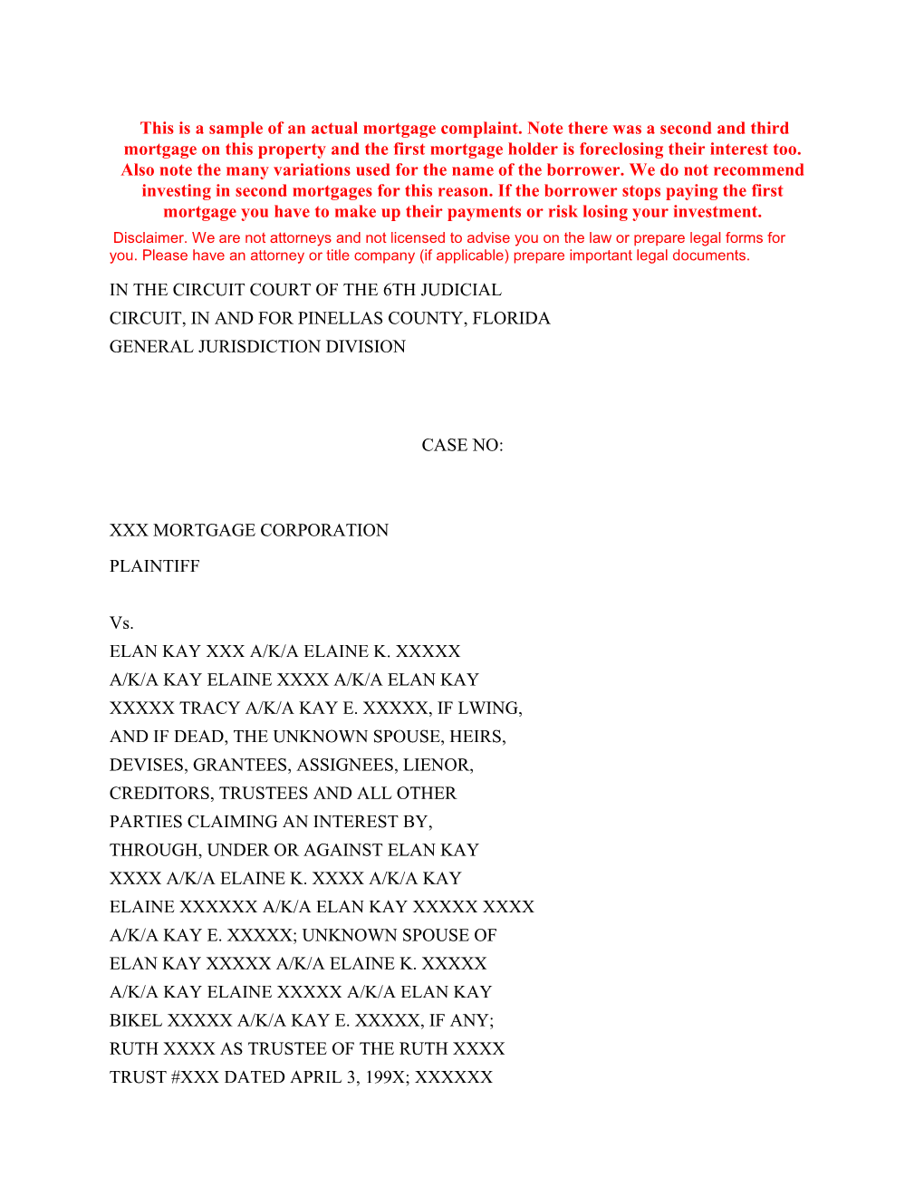 Mortgage Foreclosure Complaint