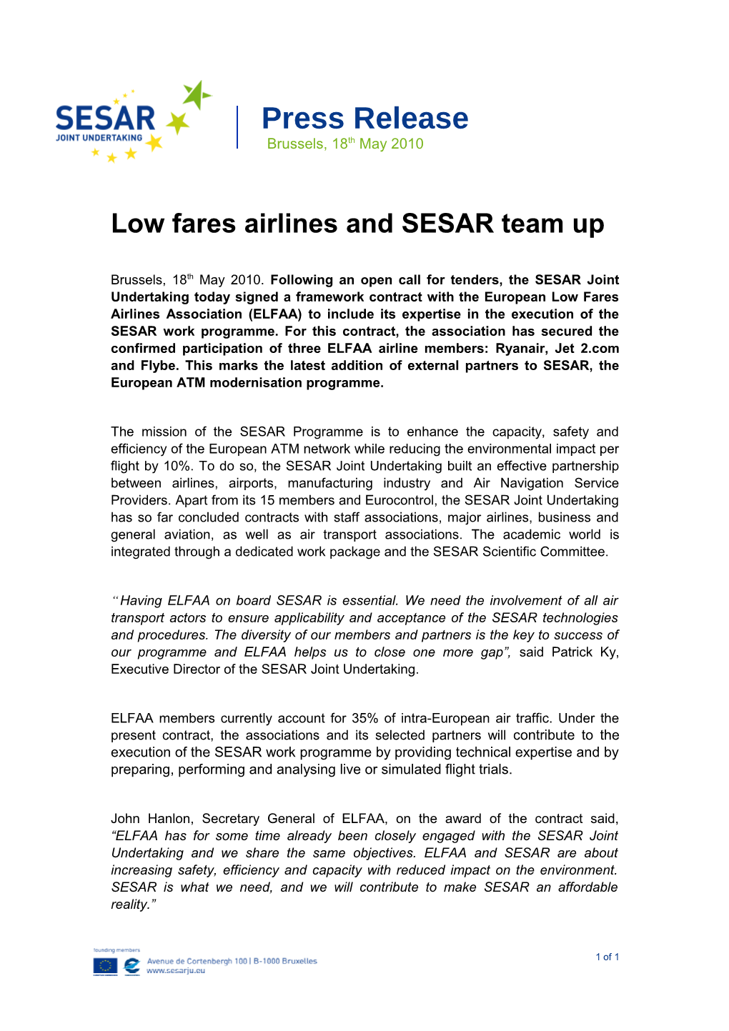 Low Fare Airlines and SESAR Team Up