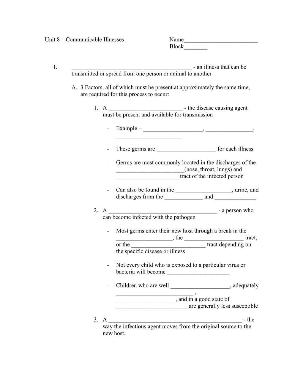 Unit 9 Communicable Illnesses