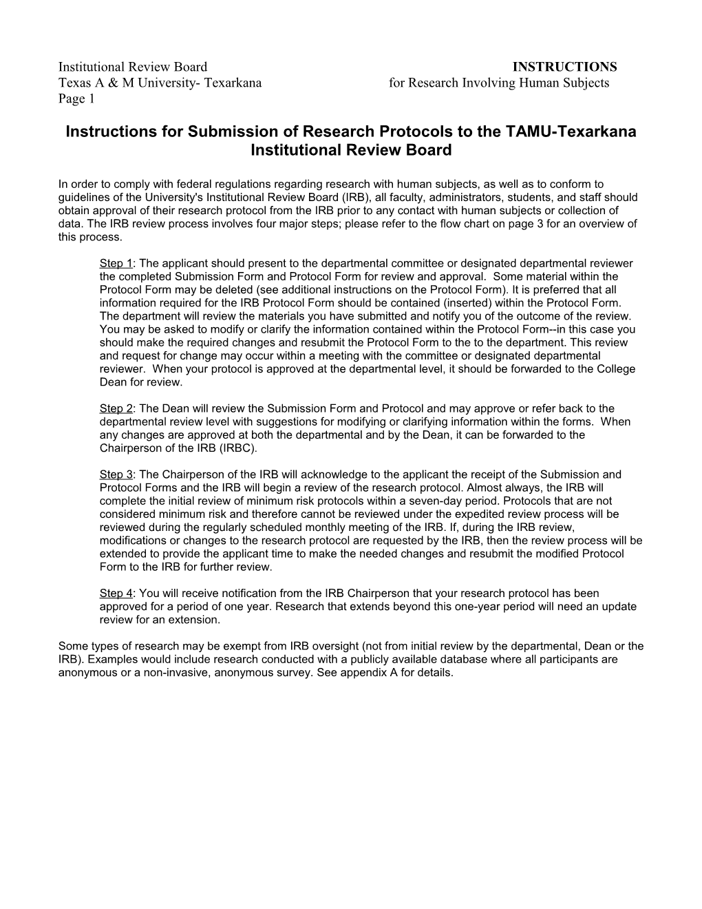 Instructions for Submission of Research Protocols to the TAMU-Texarkana Institutional