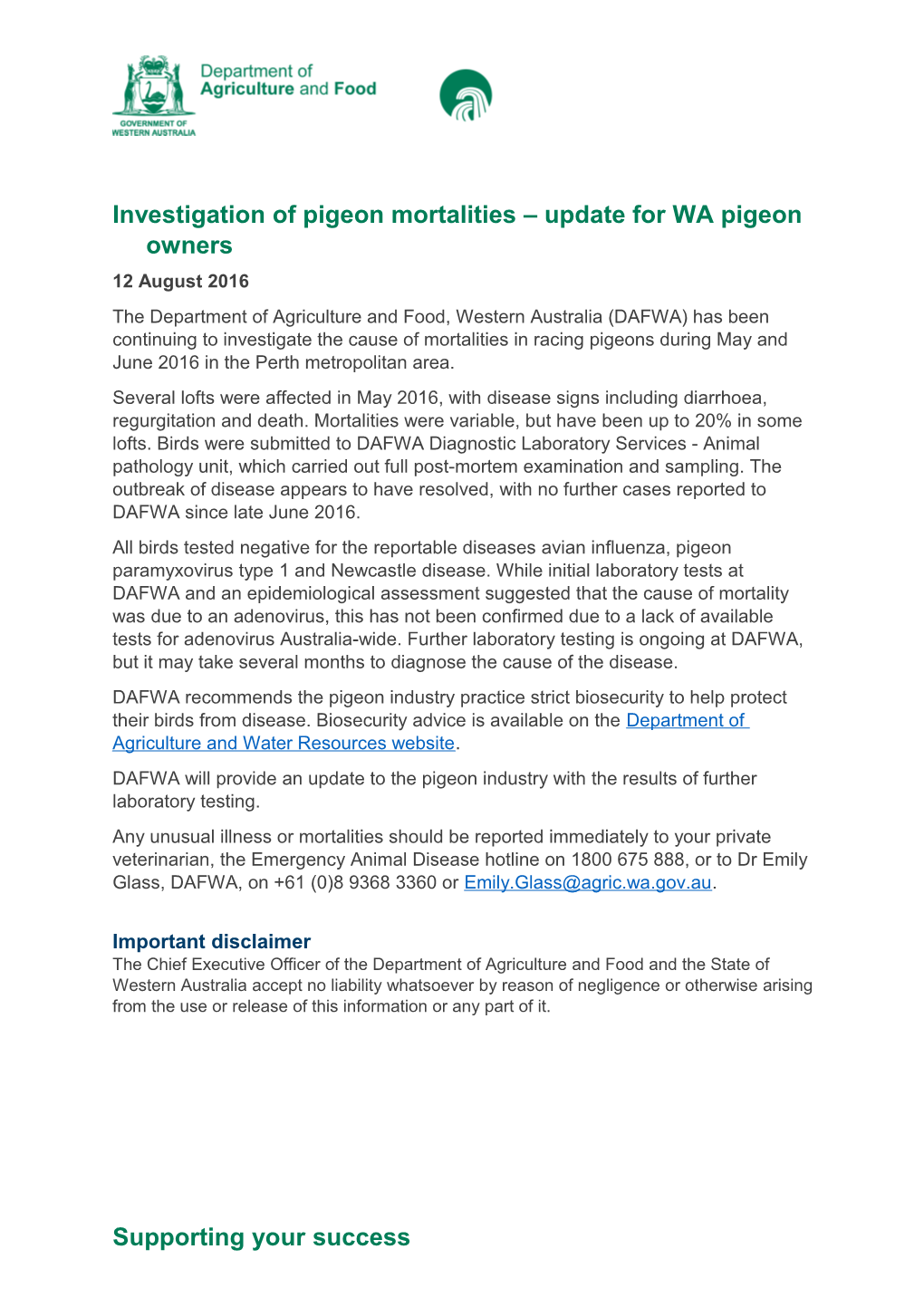 Investigation of Pigeon Mortalities Update for WA Pigeon Owners