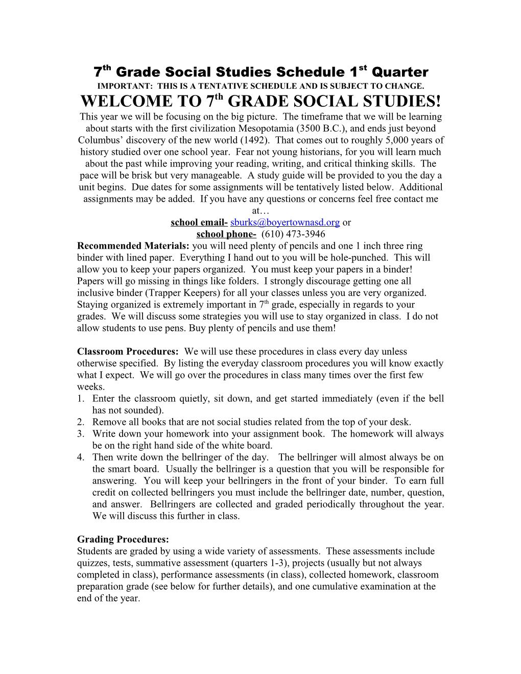 7Th Grade Social Studies Schedule 1St Quarter