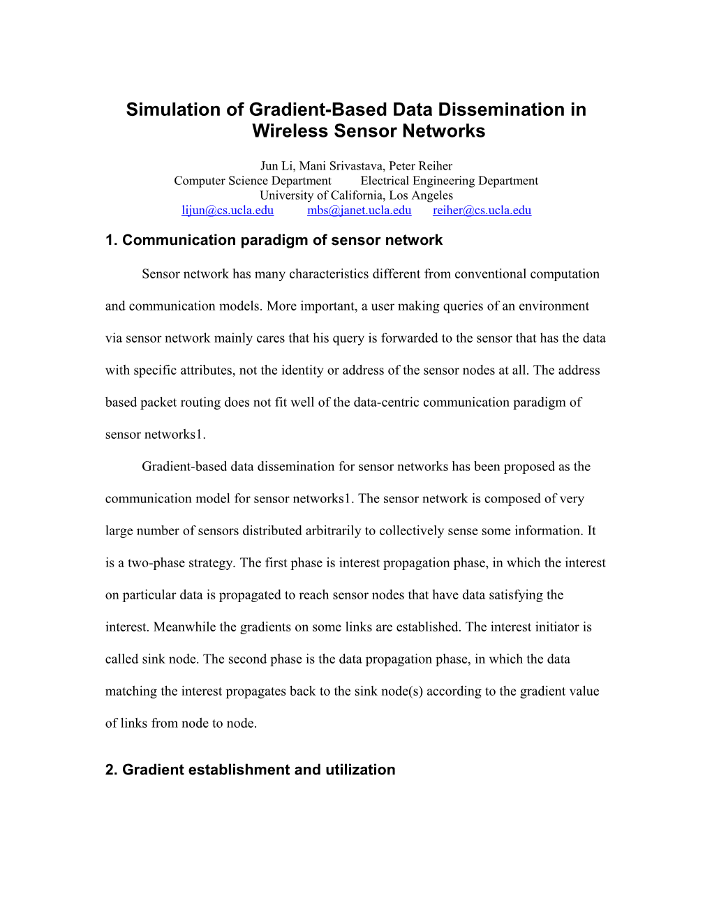 Simulation of Gradient-Based Data Dissemination in Wireless Sensor Networks