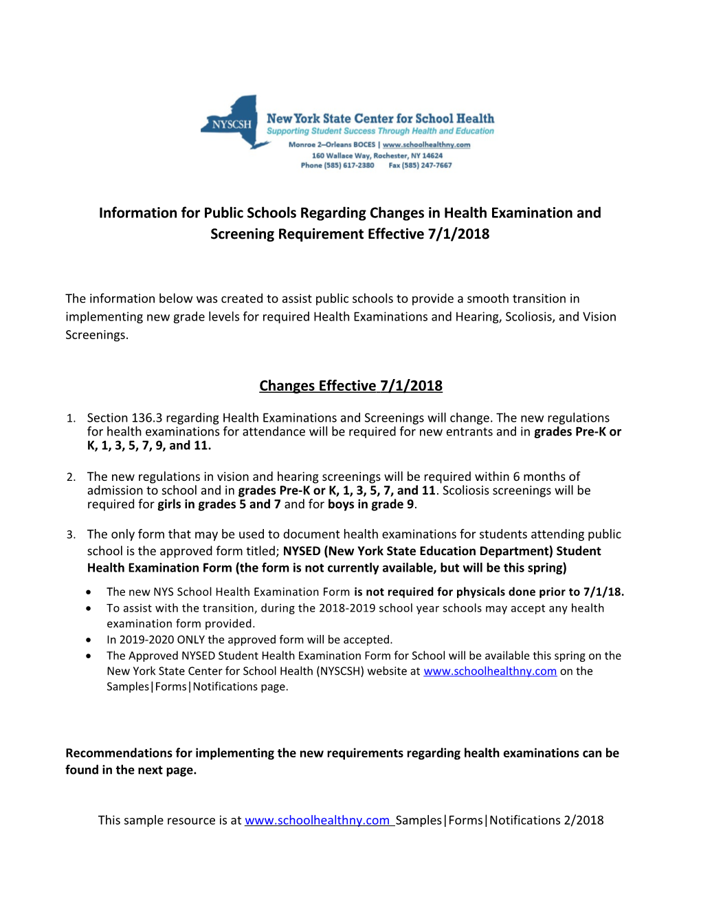 Information for Public Schoolsregarding Changes in Health Examination and Screening Requirement