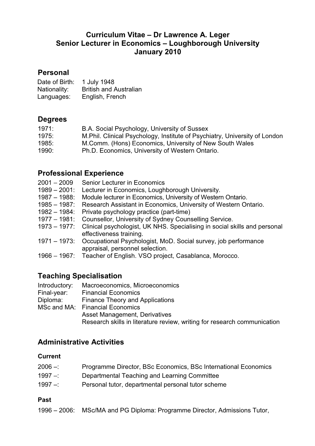 Curriculum Vitae Dr Lawrence A. Leger