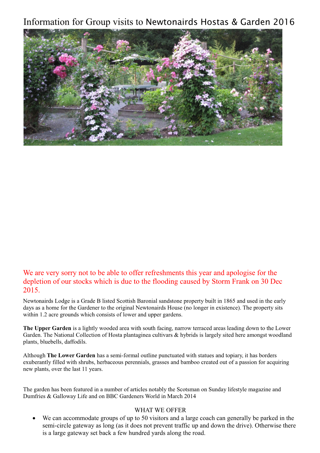 Information for Group Visits to Newtonairds Hostas & Garden 2016