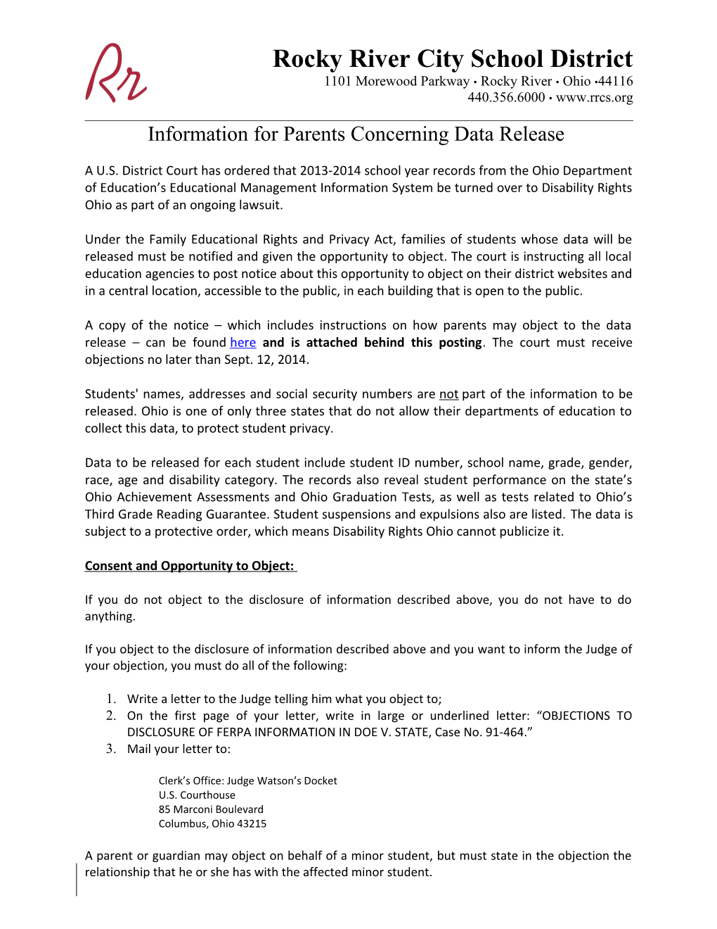 Information for Parents Concerning Data Release