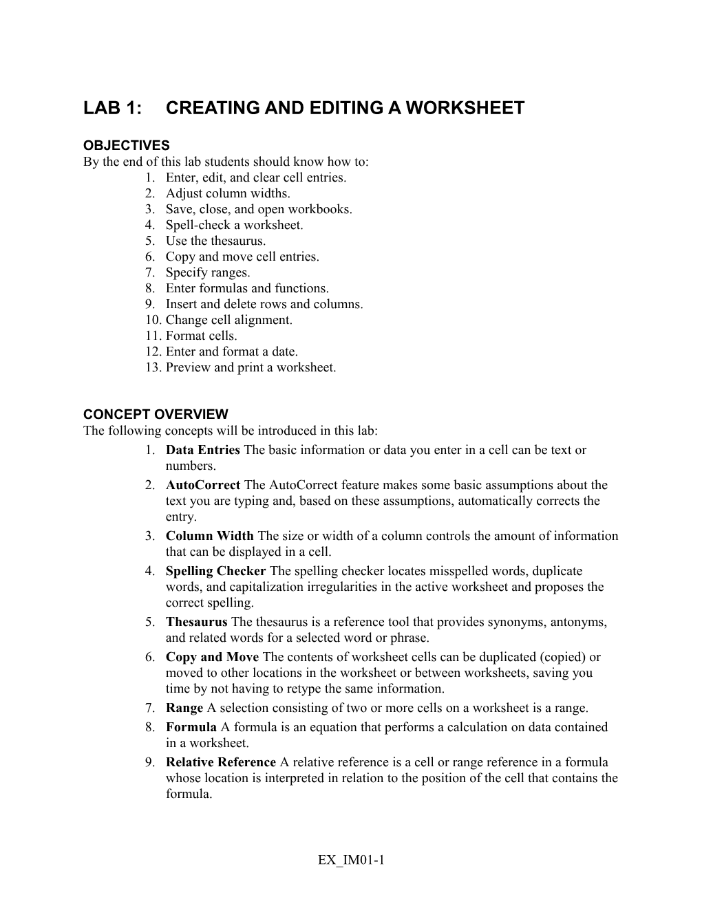 Lab 1: Creating and Editing a Worksheet