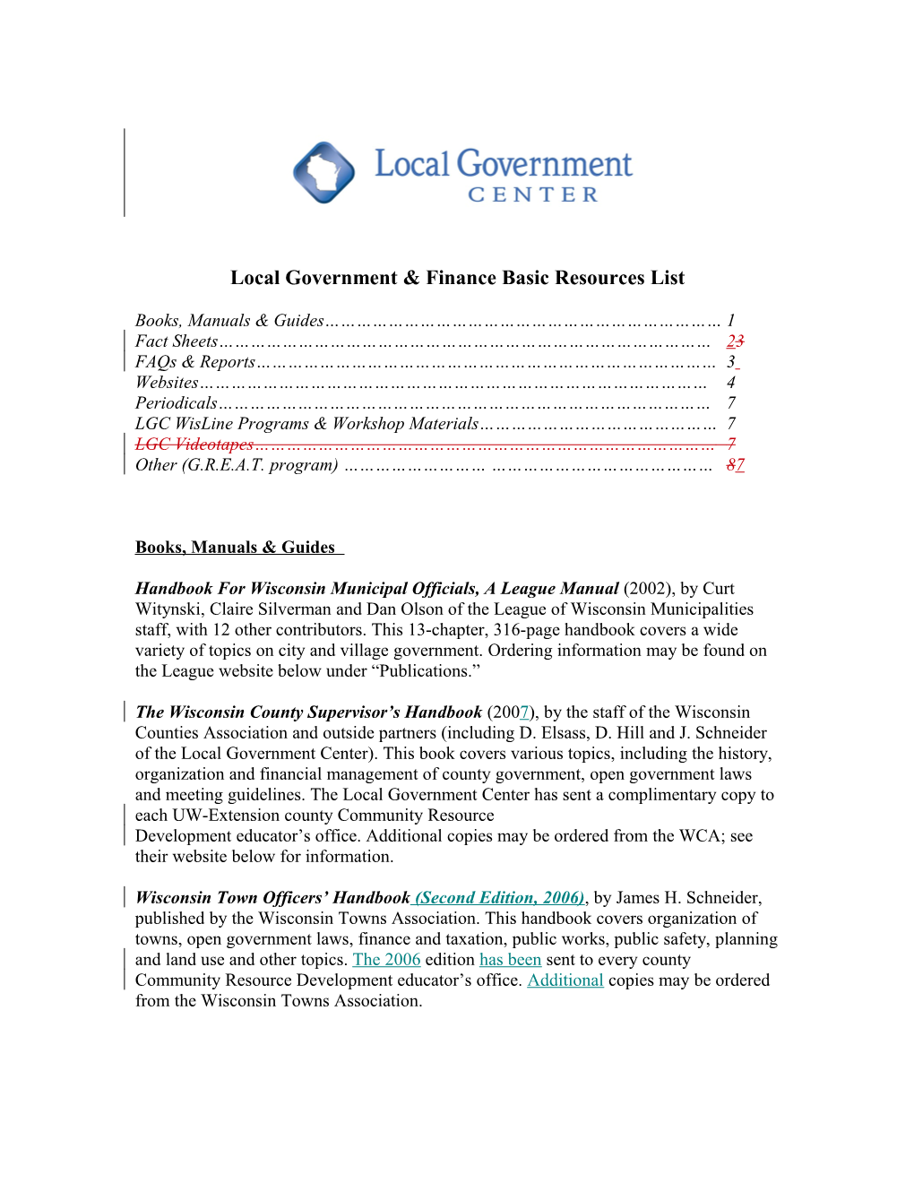 Local Government & Finance Resource List