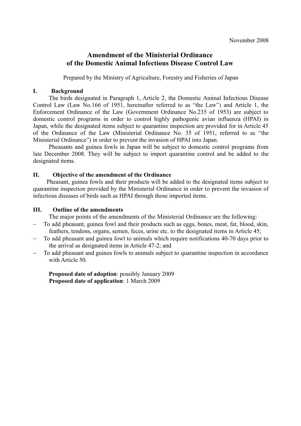 Amendment of the Ordinance of the Export - Import Quarantine of Birds