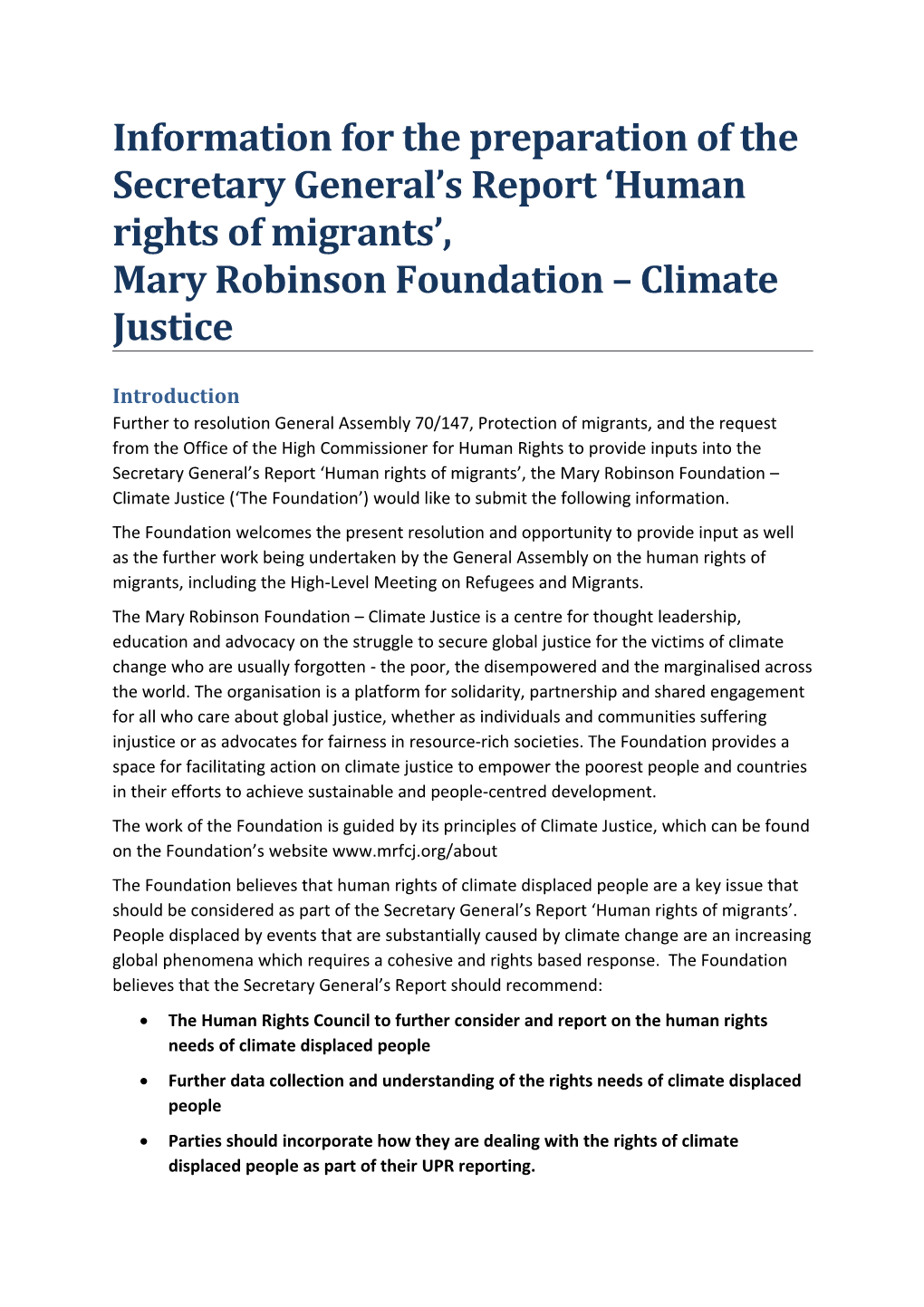 Information for the Preparation of the Secretary General S Report Human Rights of Migrants