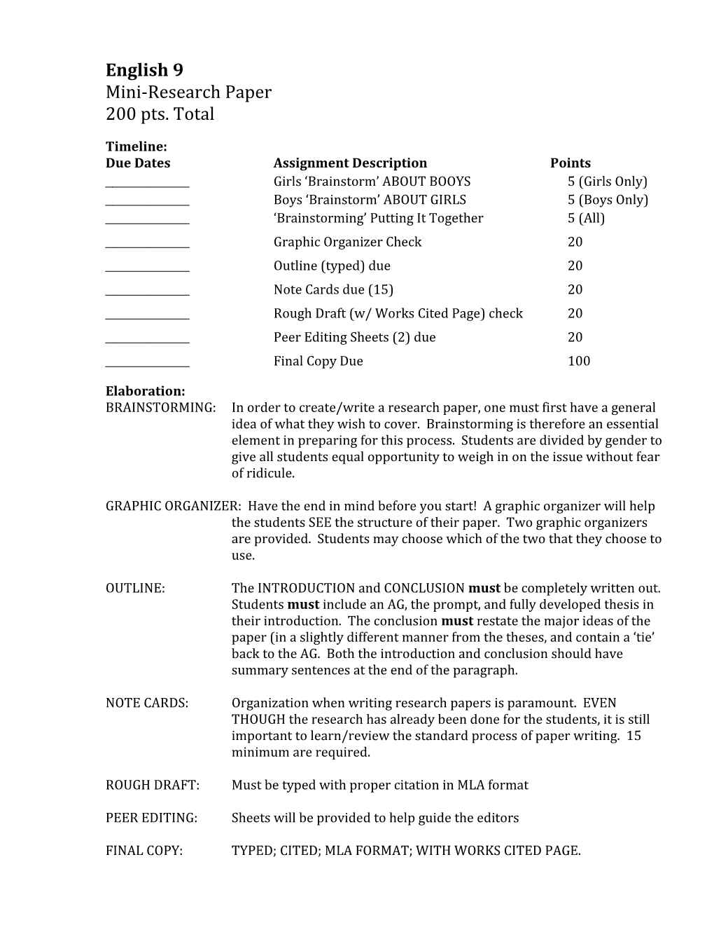 Due Dates Assignment Description Points