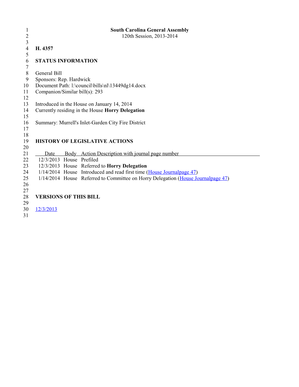 2013-2014 Bill 4357: Murrell's Inlet-Garden City Fire District - South Carolina Legislature