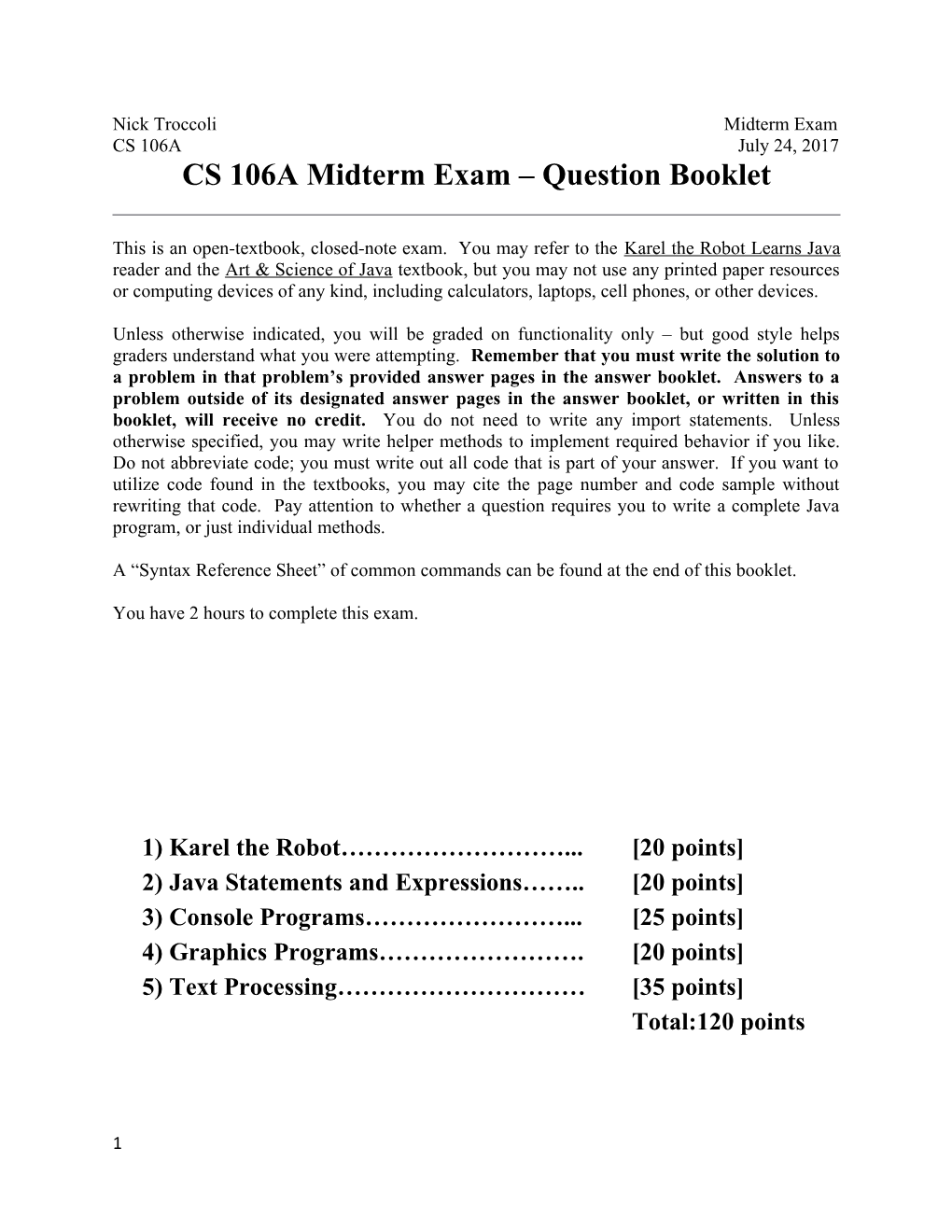 CS 106A Midterm Exam Question Booklet
