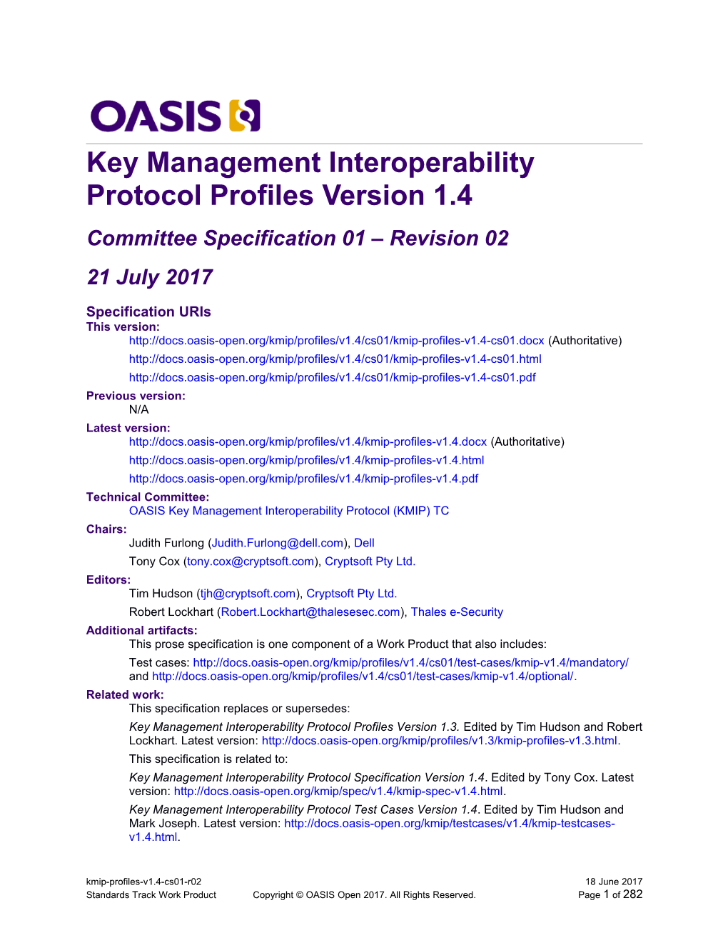 Key Management Interoperability Protocol Profiles Version 1.4