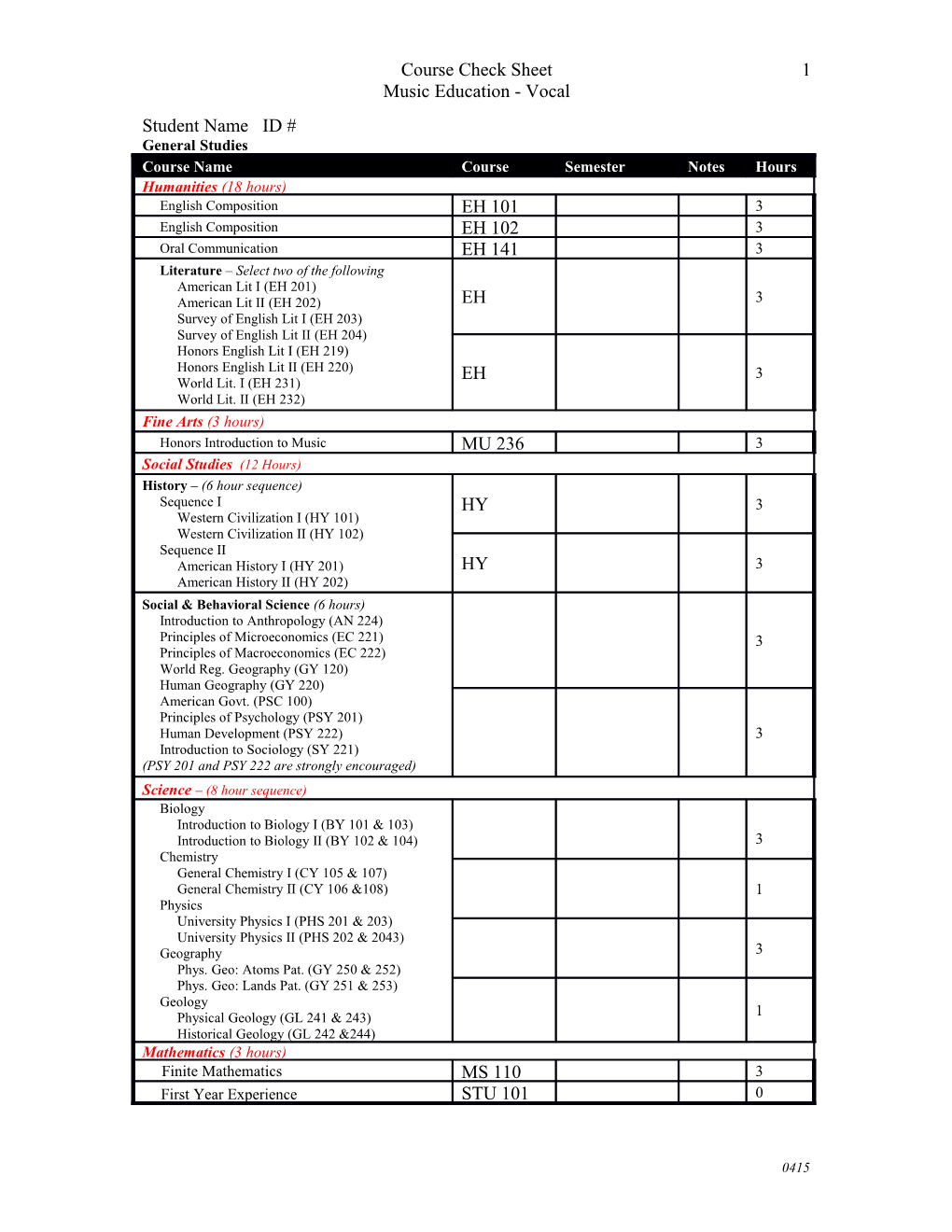 Course Check Sheet