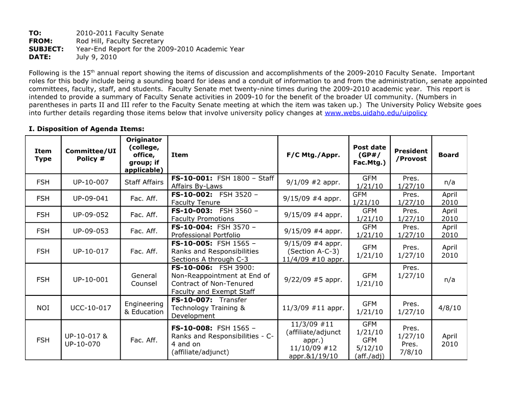 SUBJECT: Year-End Report for the 2009-2010 Academic Year